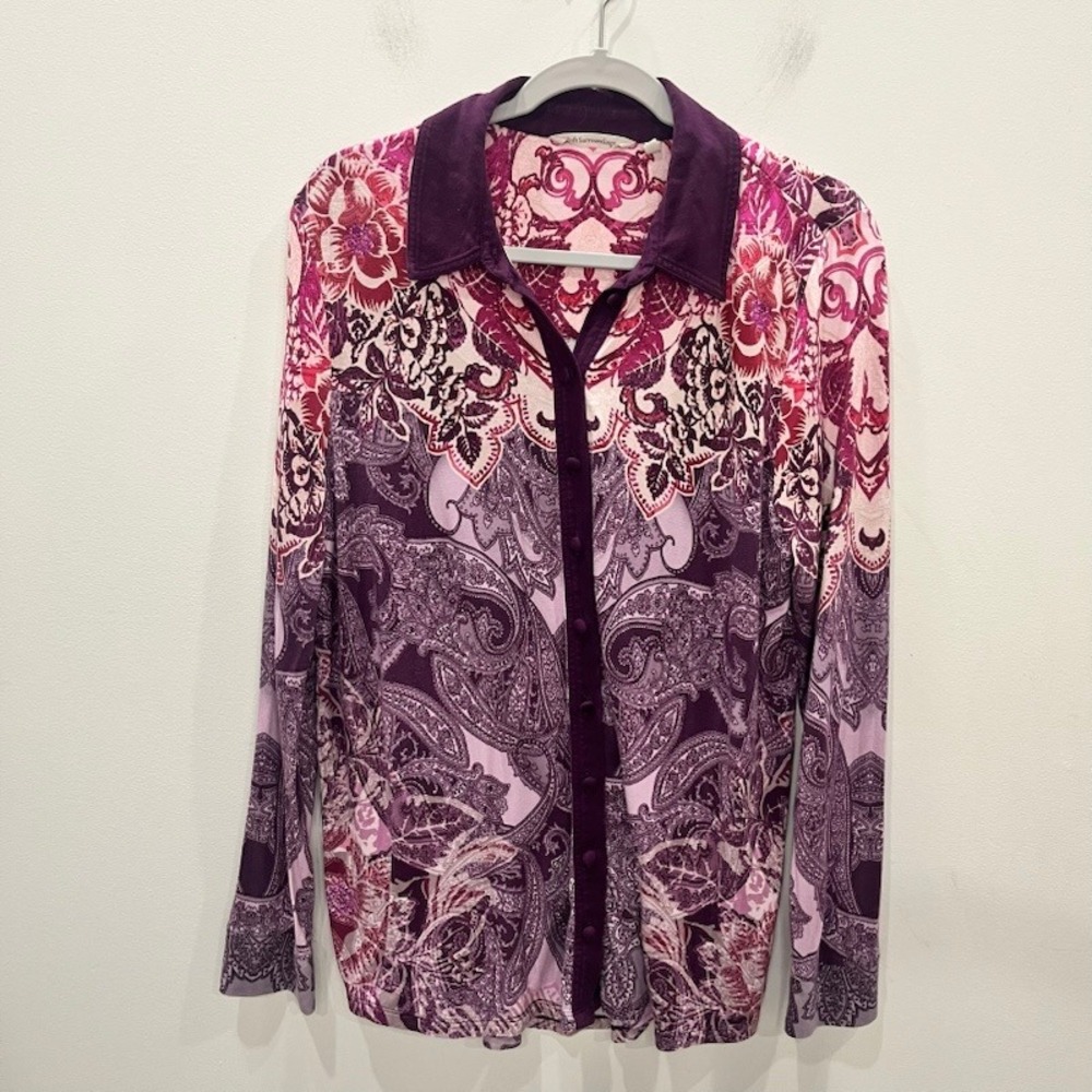Soft Surroundings Seraphina Knit Tunic Top Medium Purple Paisley Button Blouse